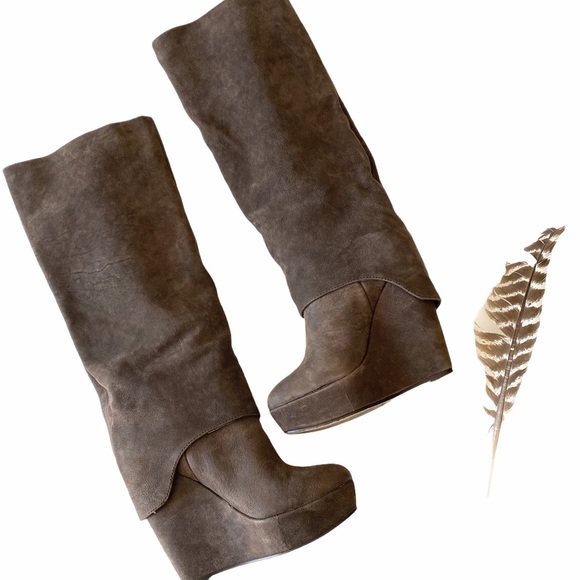 Elizabeth + James ❉ Knee High Platform Tall Boots ❉ Brown Nubuck Leather Suede ❉ - Picture 7 of 15